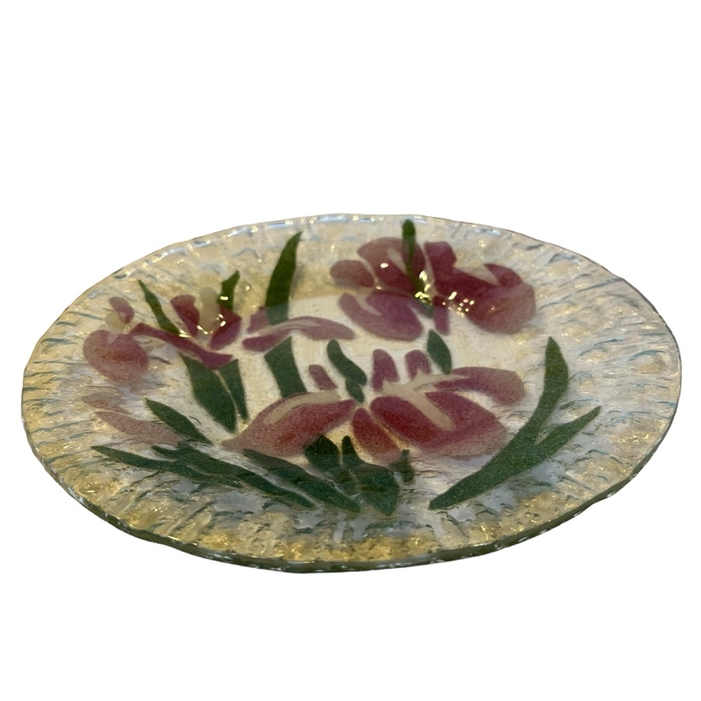 Sydenstricker Signed Fused Glass Plate Pink Iris
